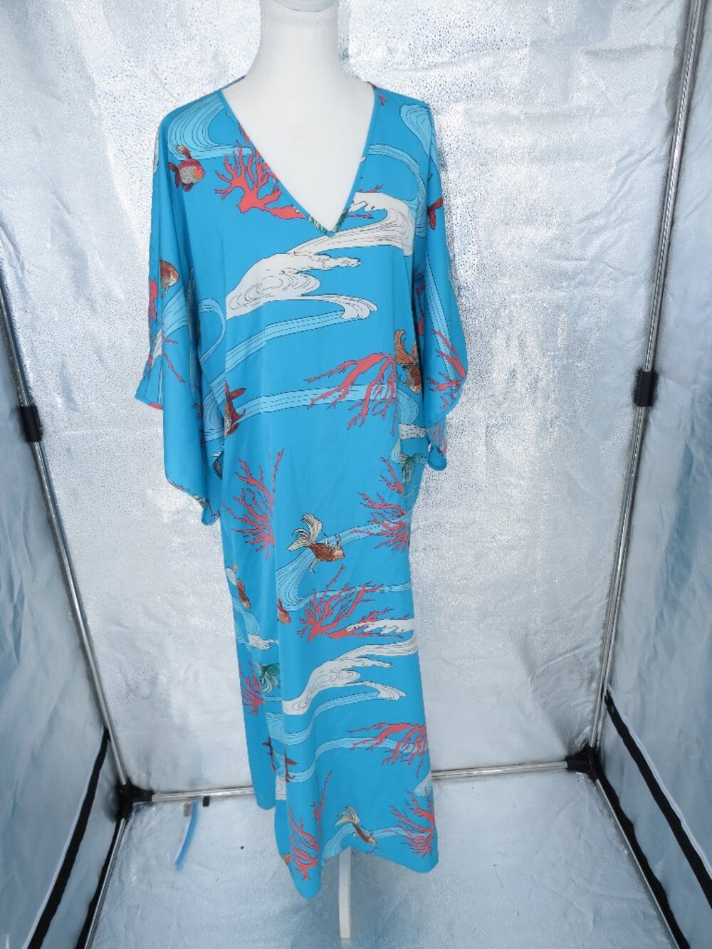 Natori Caftan Dress Blue Goldfish Coral Print Maxi Loungewear Medium M 53 In